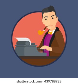 Journalist writing an article on a vintage typewriter. Journalist working on retro typewriter. Journalist at work smoking pipe. Vector flat design illustration in the circle isolated on background.