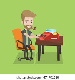 Journalist writing an article on a vintage typewriter. Journalist working on retro typewriter. Hipster journalist smoking pipe during writing an article. Vector flat design illustration.Square layout.
