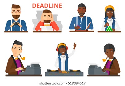 Journalist writing an article on a vintage typewriter. Journalist working on retro typewriter. Journalist working and smoking pipe. Set of vector flat design illustrations isolated on white background