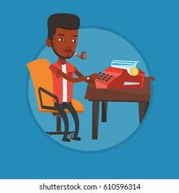 Journalist writing an article on a vintage typewriter. Journalist working on retro typewriter. Young journalist smoking pipe. Vector flat design illustration in the circle isolated on background.