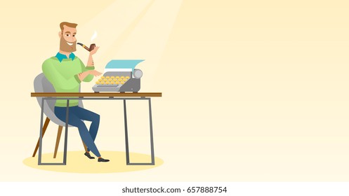 Journalist writing an article on a vintage typewriter. Journalist working on a retro typewriter. Journalist smoking a pipe during writing an article. Vector flat design illustration. Horizontal layout