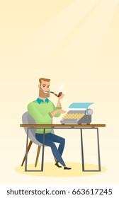 Journalist writing an article on a vintage typewriter. Journalist working on a retro typewriter. Journalist smoking a pipe during writing an article. Vector flat design illustration. Vertical layout.