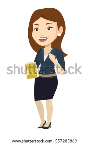 Journalist writing in notebook with pencil. Journalist writing notes with pencil. Caucasian female journalist writing notes on the notepad. Vector flat design illustration isolated on white background