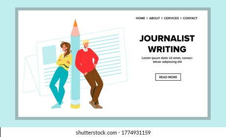 Periodista Escribiendo Notas Artículo Vector De Periódicos. El Periodista Hombre Y Mujer Lidera Lápiz. Escritores Autores O Editores Lista De Papel En Fondo. Caracteres Ilustración de caricaturas planas web
