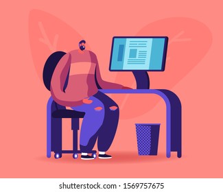 Journalist Writing Story or Editor Editing Newspaper Article Sitting at Desk with Personal Computer in Update Checking Publication Department or Typography Office. Cartoon Flat Vector Illustration