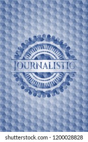 Journalistic blue emblem with geometric pattern.