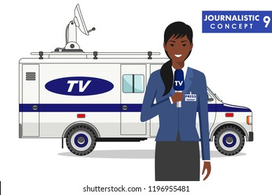 Journalistic concept. Detailed illustration of african american woman reporter and TV or news car in flat style on white background. Vector illustration.