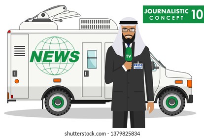 Journalistic concept. Detailed illustration of arabian muslim man reporter and TV or news car in flat style on white background. Vector illustration.