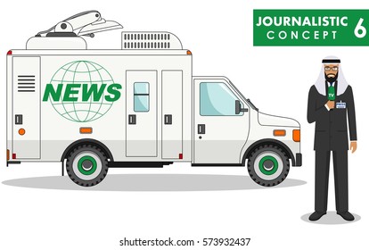 Journalistic concept. Detailed illustration of arabian muslim man reporter and TV or news car in flat style on white background. Vector illustration.