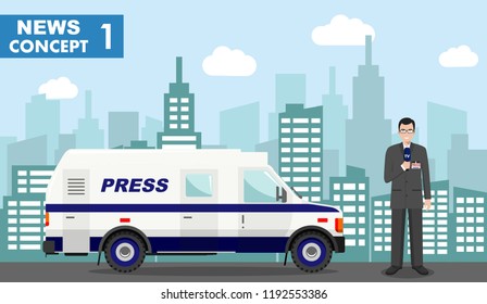 Journalistic concept. Detailed illustration of reporter and TV or news car in flat style on on background with cityscape. Vector illustration.