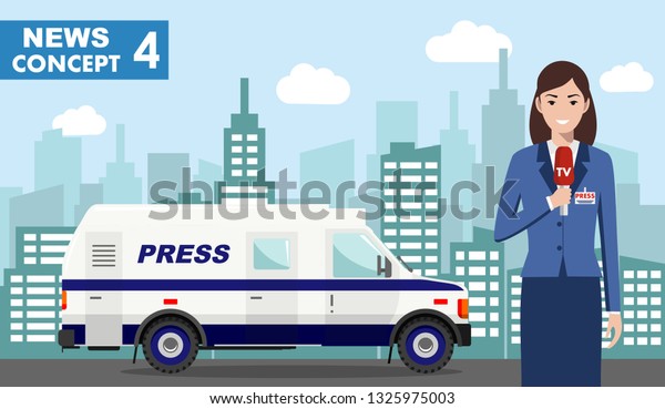 Journalistic concept. Detailed illustration\
of reporter and TV or news car in flat style on on background with\
cityscape. Vector\
illustration.