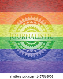 Journalistic emblem on mosaic background with the colors of the LGBT flag