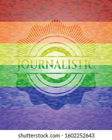 Journalistic emblem on mosaic background with the colors of the LGBT flag