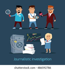 Journalistic Investigation Concept Vector. Flat Design. Financial Crime, Tax Evasion, Money Laundering, Corruption Illustration. Set Of Media Workers Characters: Investigator, Photographer, Reporter.