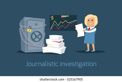 Journalistic investigation concept vector. Flat design. Financial crime, tax evasion, money laundering, corruption illustration. Media worker woman character. Journalist with important documents.