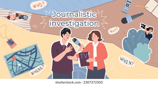 Journalistische Untersuchungskomposition mit Collage von flachen Symbolen Denkblasen mit Fragen Karte und menschliche Charaktere Vektorgrafik