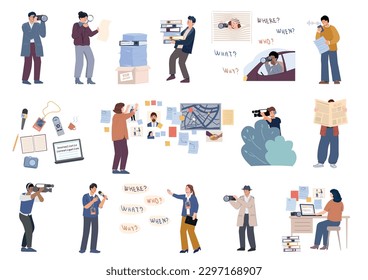 Journalistic investigations flat set of isolated icons with microphones voice recorders badges and characters of journalists vector illustration
