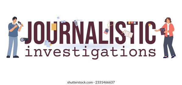 Journalistic investigations flat text composition with human characters of man and woman with sticky notes badges vector illustration
