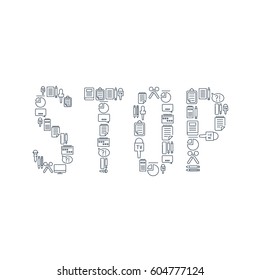 Journalistic lined icons set with correspondent tools and reporter equipment in stop word shape isolated vector illustration