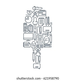 Journalistic lined icons set with correspondent and reporter equipment in microphone shape isolated vector illustration