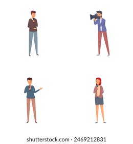 Iconos de periodismo establecen Vector de dibujos animados. Periodista transmitiendo en vivo. Reporte en vivo