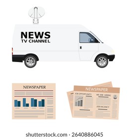 Journalistic TV van and daily newspaper journal, folded newspaper isolated on white background. Car news. Vector illustration