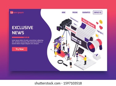 Journalistis reporters news media isometric banner or landing page with exclusive news links and try now button vector illustration