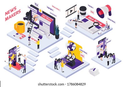 Journalistis Reporters News Media Isometric Concept With Stairs News Makers Interview Live Streams And Highlights Descriptions Vector Illustration