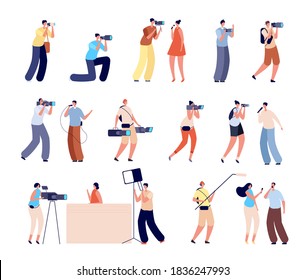 Journalists characters. Interview, woman talking tv camera. Isolated cameraman photographer, creative news makers working vector illustration