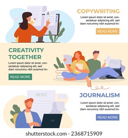journalists copywriting banners. text typing concept horizontal banners, cartoon characters writing with laptop book or lists. vector cartoon flat characters horizontal backgrounds.