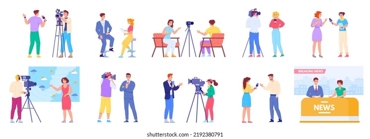 Journalists crew. Journalist talking microphone on camera tv reportage, cameraman and reporter recording, studio news presenter, vector illustration of television microphone, cameraman and