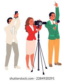 Journalists crew vector. News presenters team illustration. Cameraman and reporter recording broadcast interview isolated on white background