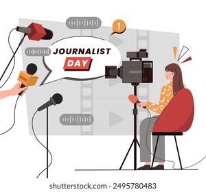 Afiche del Día del Periodista. Mujer con cámara y gente con micrófonos. Reporteros y presentadores de televisión preparan el estudio para las entrevistas. Medios de comunicación y periodismo. Ilustración vectorial plana