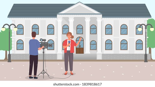 Journalists, a female reporter and a male cameraman report from the street in front of the pillared building. Flat vector cartoon illustration.