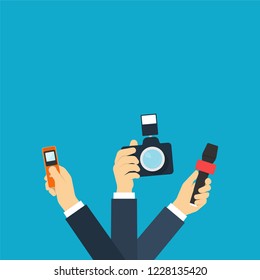 Journalists hands holding camera, microphone and voice recorder. Vector illustration in flat style
