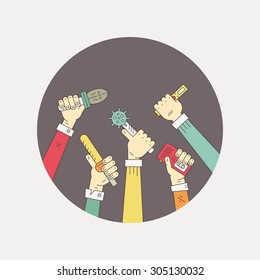 Journalists hands with microphones and recording devises - media and press illustration. News or blog logotype concept made in modern line style vector. Paparazzi or live news illustration. 