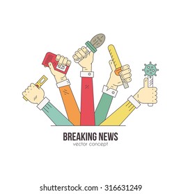 Journalists hands with microphones and recording devises - media and press illustration. News or blog logotype concept made in modern line style vector. Paparazzi or live news illustration. 