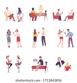 Journalists Interviewing Business People, Celebrities or Politicians Set, Communication, Business Meeting, Interviewing, Online Streaming Flat Vector Illustration