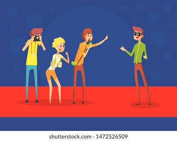 Journalists Interviewing Celebrity, Photorapher Making Photos of Male Famous Person, Mass Media, News Reporter, Paparazzi Vector Illustration