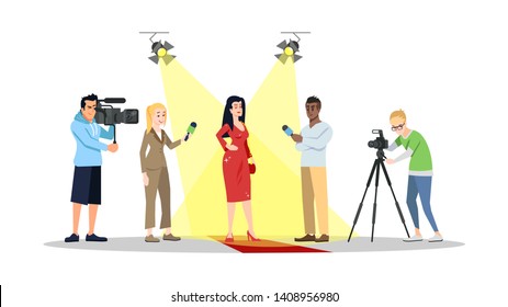 Journalists interviewing movie star, actor, celebrity flat illustration. Paparazzi, reporters, correspondents isolated cartoon characters. Mass media, press, television industry. Reportage, interview
