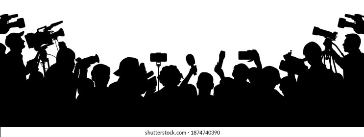 Journalists are interviewing. Press Conference of Reporters. Crowd of people with video cameras. Silhouette vector