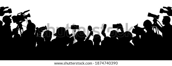 Journalists are\
interviewing. Press Conference of Reporters. Crowd of people with\
video cameras. Silhouette\
vector