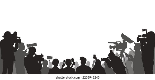 Journalists are interviewing, silhouette. Press conference of reporters. Crowd of people with video cameras and microphones. All people separated. Vector illustration