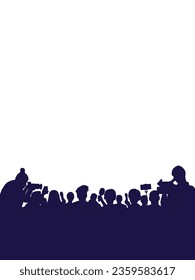 Journalists are interviewing, silhouette. Press conference of reporters. Crowd of people with video cameras and microphones. Vector illustration