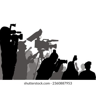 Journalists are interviewing, silhouette. Press conference of reporters. Crowd of people with video cameras and microphones. Vector illustration