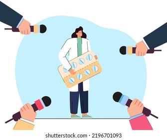 Journalists interviewing tiny doctor holding huge blister pack. Hands pointing microphones at medical professional flat vector illustration. Medicine, pharmacy, health, journalism concept for banner