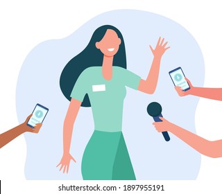 Journalists interviewing young woman. Celebrity, expert, voice recorder. Flat vector illustration. Press, journalism, communication concept for banner, website design or landing web page