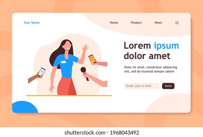 Journalists interviewing young woman. Celebrity, expert, voice recorder. Flat vector illustration. Press, journalism, communication concept for banner, website design or landing web page