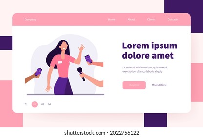 Journalists interviewing young woman. Celebrity, expert, voice recorder. Flat vector illustration. Press, journalism, communication concept for banner, website design or landing web page