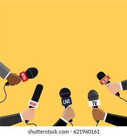 journalists with many mic reporting from the area breaking News Journalism flat design style. Reporters in live holding microphones illustration vector on TV & radio. Human hands with a modern Mike.